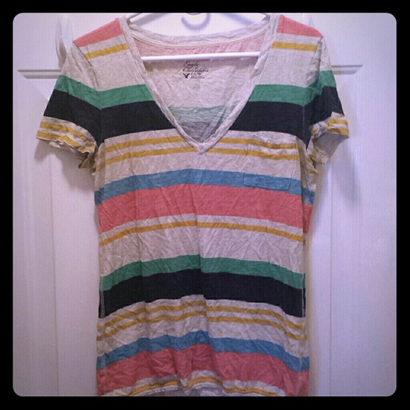 American Eagle Striped V-Neck Pocket Tee