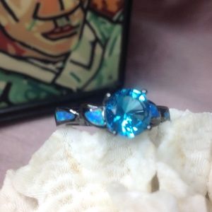 💜 Caribbean Blue Topaz & Opal 14K Black Gold Ring