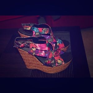 G by Guess floral platform wedges