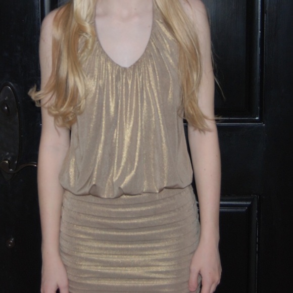 Tan and gold cocktail dress