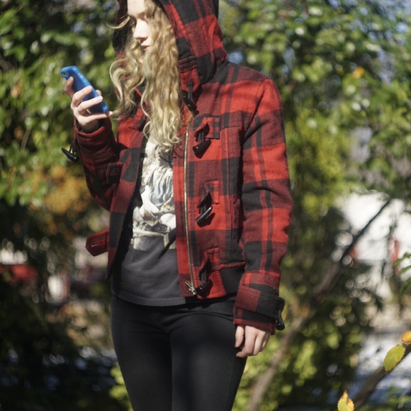 Black and red plaid coat