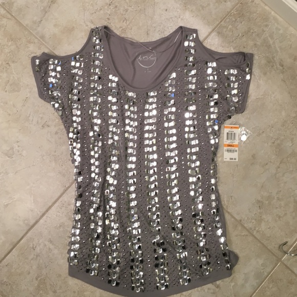 Inc Grey crystal and large sequin cold shoulder
