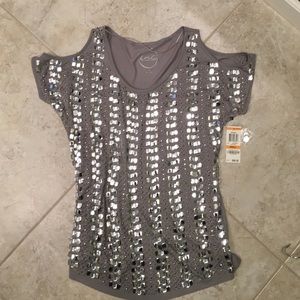 Inc Grey crystal and large sequin cold shoulder