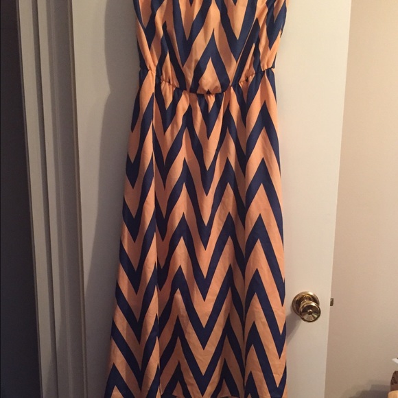 Strapless, orange and navy blue maxi dress