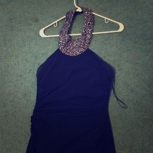 Navy blue halter cocktail dress.