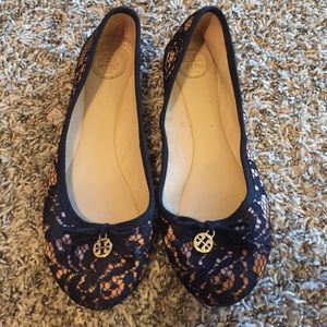 Black and Pink Lace Charm Tory Burch Flats
