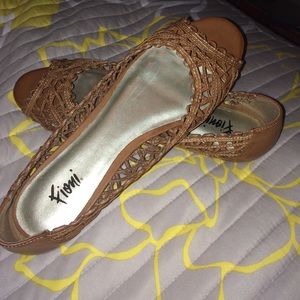 Brown peep toe flats