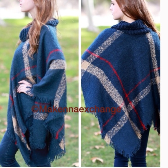 Sweaters - •plaid cowl neck poncho•LAST ONE•