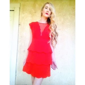 Red sheer tiered scalloped cocktail dress