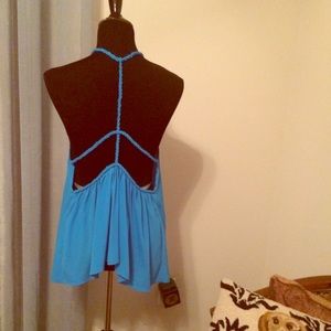 Backless blue basic tank top blouse strappy open L