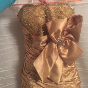 Gold rhinestoned knee length gown. New years Eve!