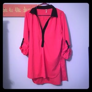 SOLD. Half bottom down black and pink sheer shirt