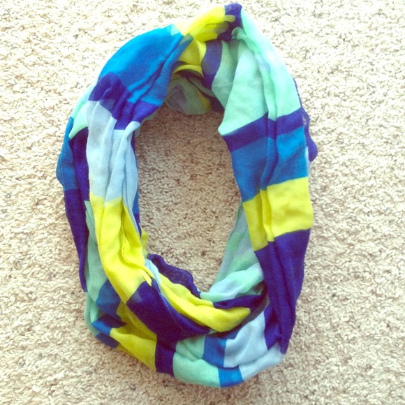 Blues, greens and yellow striped circle scarf