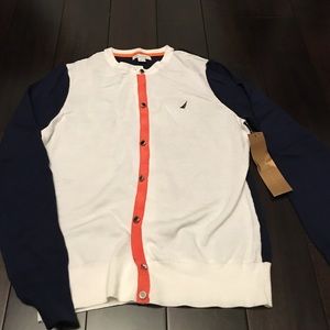 NWT - blue and white cardigan w/orange accent trim