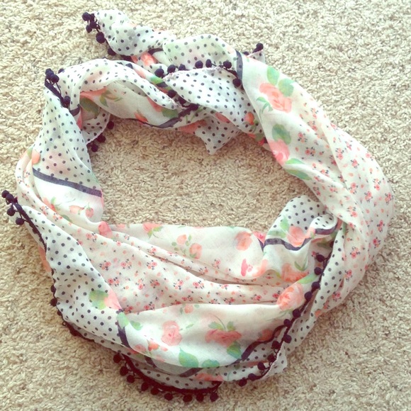 Square floral scarf with pom poms
