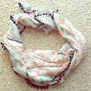 Square floral scarf with pom poms