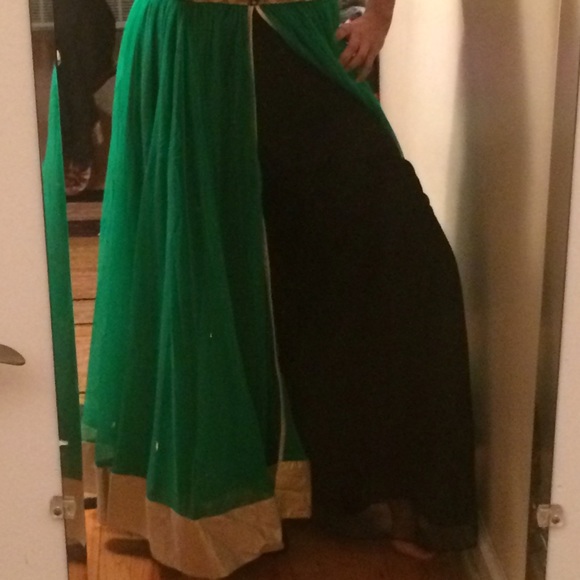 Green & black Anarkali with black sharara pants - Picture 3 of 4