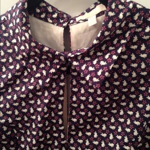 Sleeveless navy dress with collared neck.