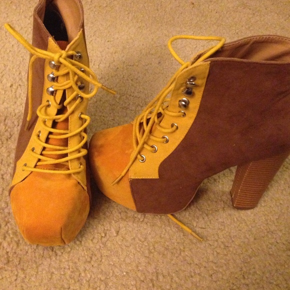 Brown, organge, and yellow booties