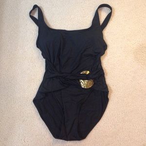 Interesting black bathing suit with belt