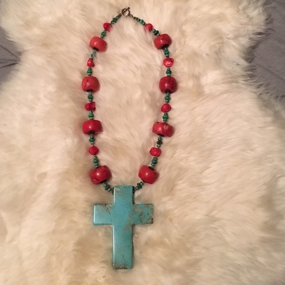 Faux Turquoise & Coral Cross Necklace