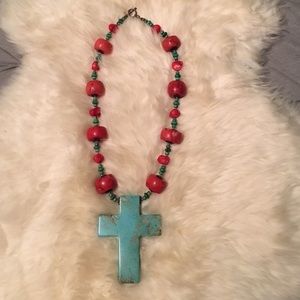 Faux Turquoise & Coral Cross Necklace