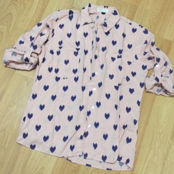 Blush Rose Heart Print Linen Roll Up Sleeve Top - Picture 1 of 4