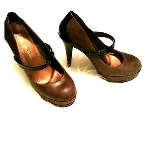 Jessica Simpson Brown, Black + Gold Platform Heels