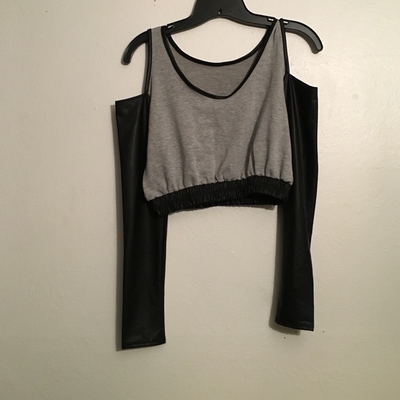 Gray leather shoulder cut out crop top