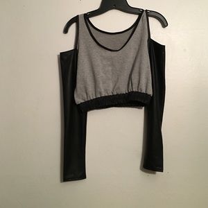 Gray leather shoulder cut out crop top
