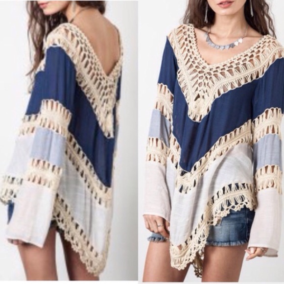 Boutique Tops - NWOT blue crochet long sleeve top