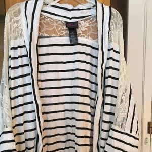 Creme and black striped cardigan with lace detail