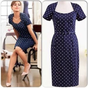 Eva Mendes navy blue polka dot dress