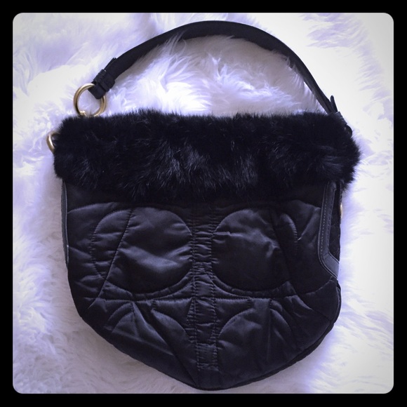 Coach - Black Rabbit Fur Trimmed Bag  #G05K-3586