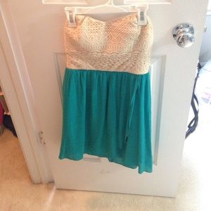 Tan and turquoise dress with tulip skirt