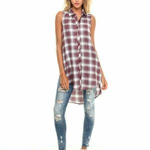 Side Slit Sleeveless Plaid Tunic