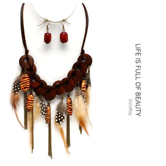 SOLD*Genuine Feather & Wood Necklace Set - Picture 3 of 5