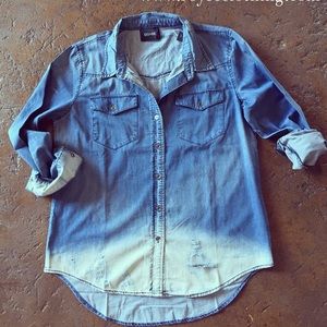 Distressed denim button up
