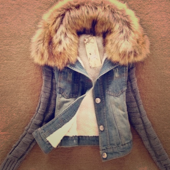 Lamb fur collar slim short jean jacket