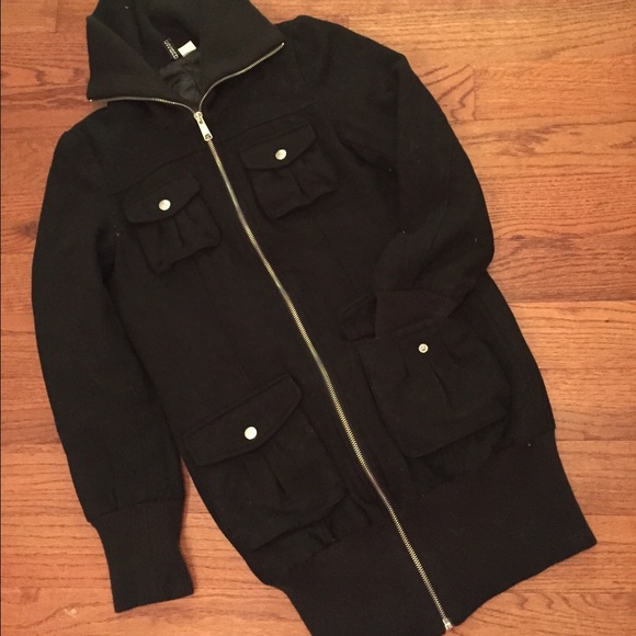 H&M Wool Full Zip Long Parka Black Sz 4