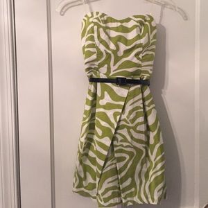 Strapless green & white mini cocktail dress