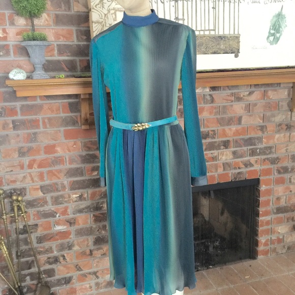 VINTAGE Purple and Teal Pleated Dress with Belt