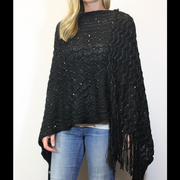 Black Poncho with Sequins & Fringe - Picture 1 of 1