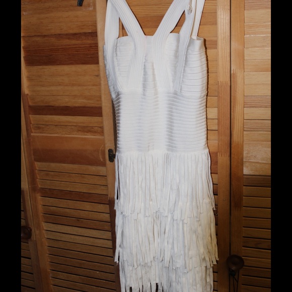 herve leger white fringe dress