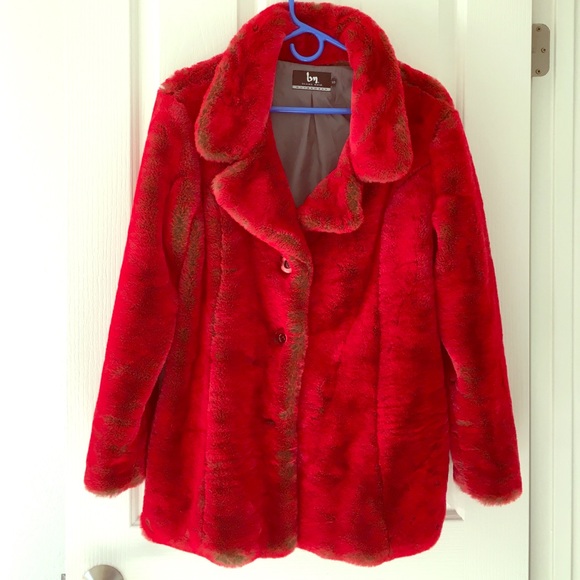 Festive red faux fur coat with green undercoat