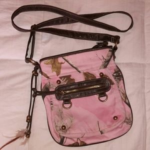 Pink camo sling purse