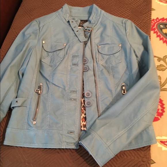 Blue jacket with leopard lining.