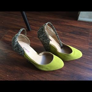 Neon green w/ print ankle strap wedges