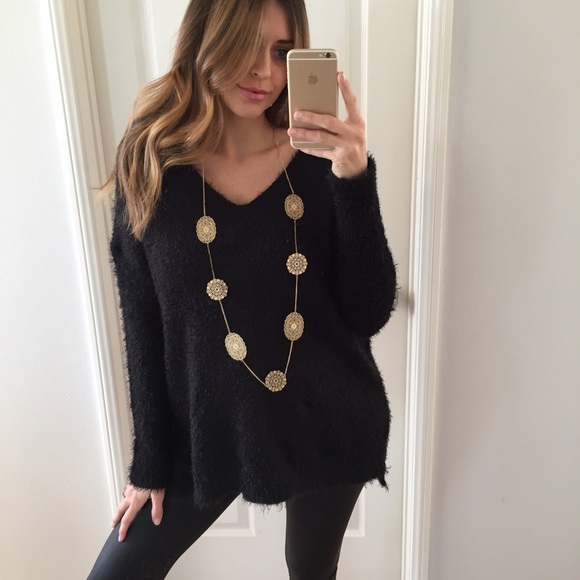 Sold • Black Fuzzy V-Neck Sweater - Picture 3 of 4