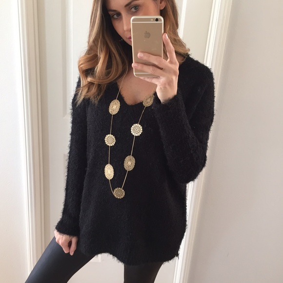 Sold • Black Fuzzy V-Neck Sweater - Picture 4 of 4